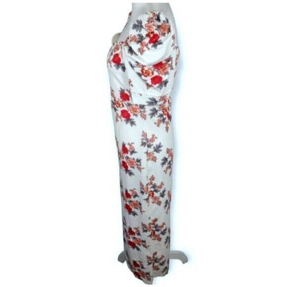SHEIN RED & WHITE PUFF SLEEVE SLIT BACK FLORAL DRESS SZ.M EUC. - Picture 9 of 13